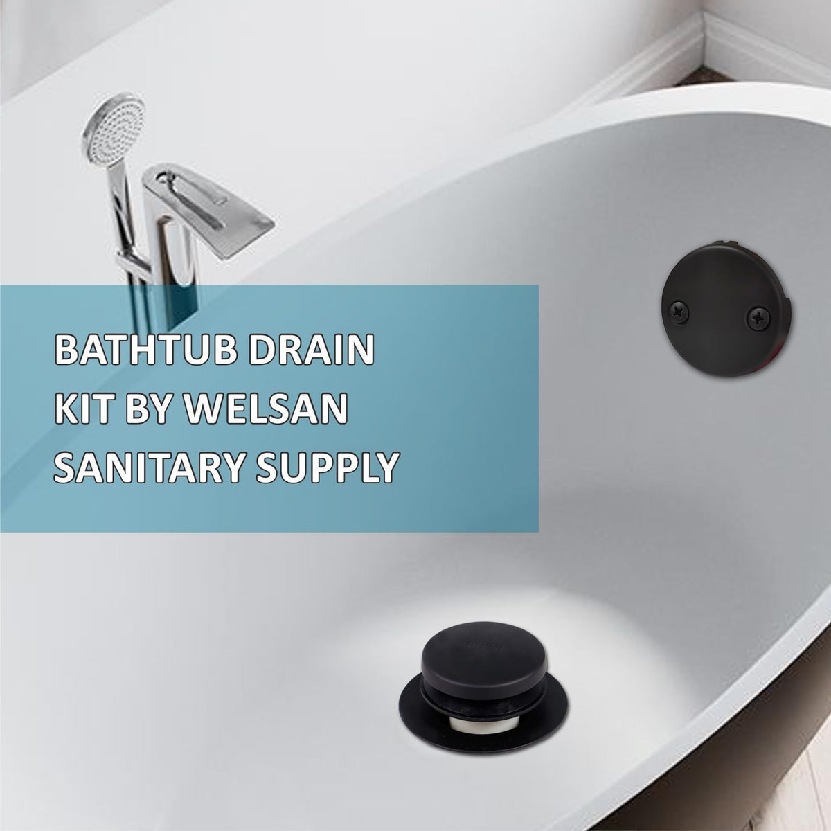 WELSAN overflow face plate in matte black complements modern bathroom hardware