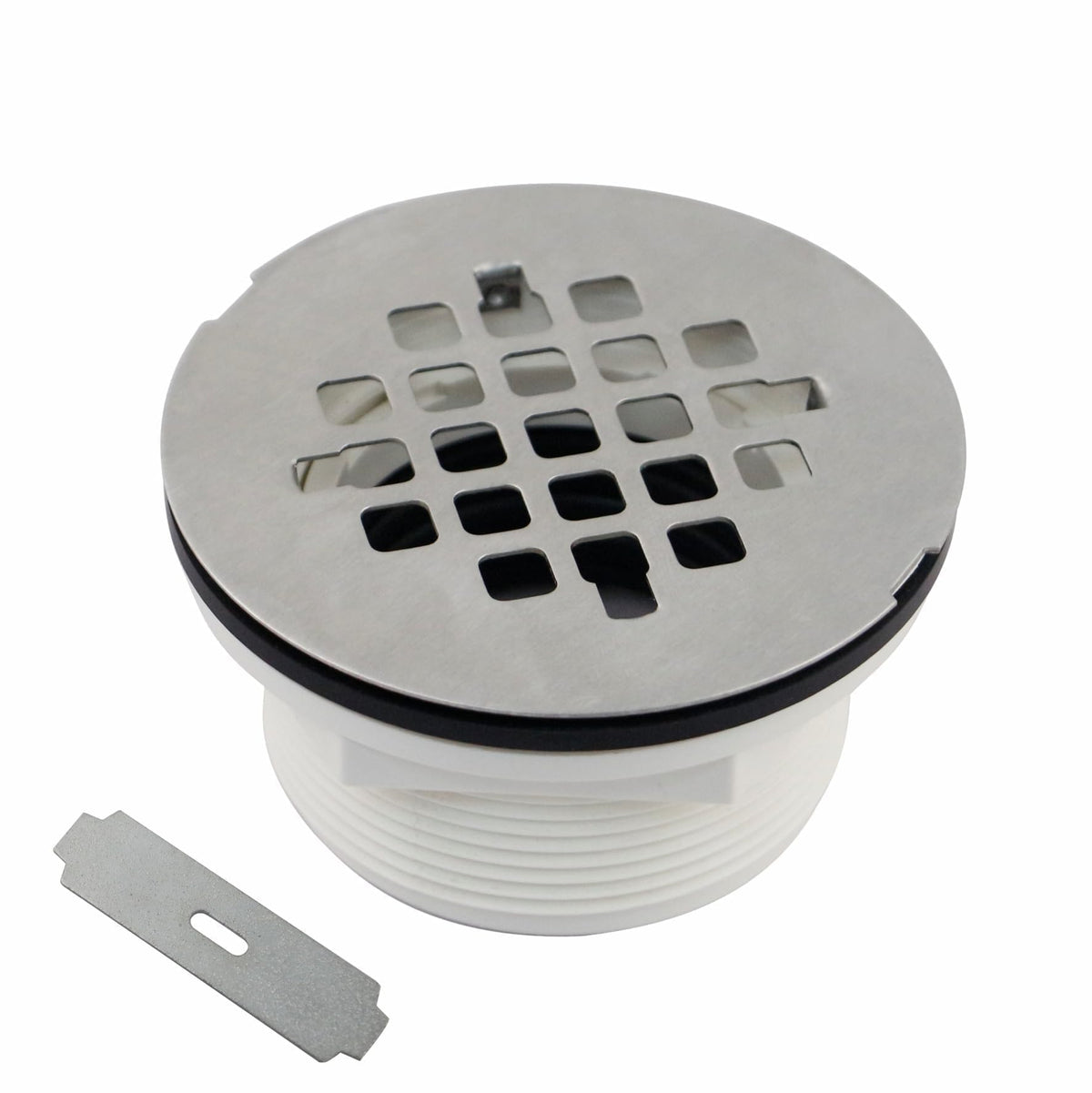 Welsan brushed-no-caulk drain body shown for quick, clean installation in compatible showers