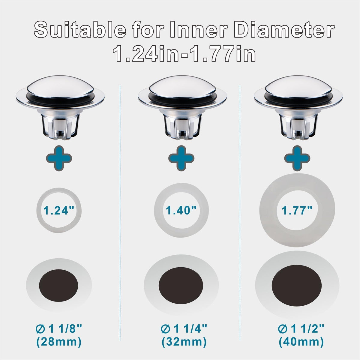 WELSAN chrome pop-up stopper installed for versatile, multi-size drain drainage.