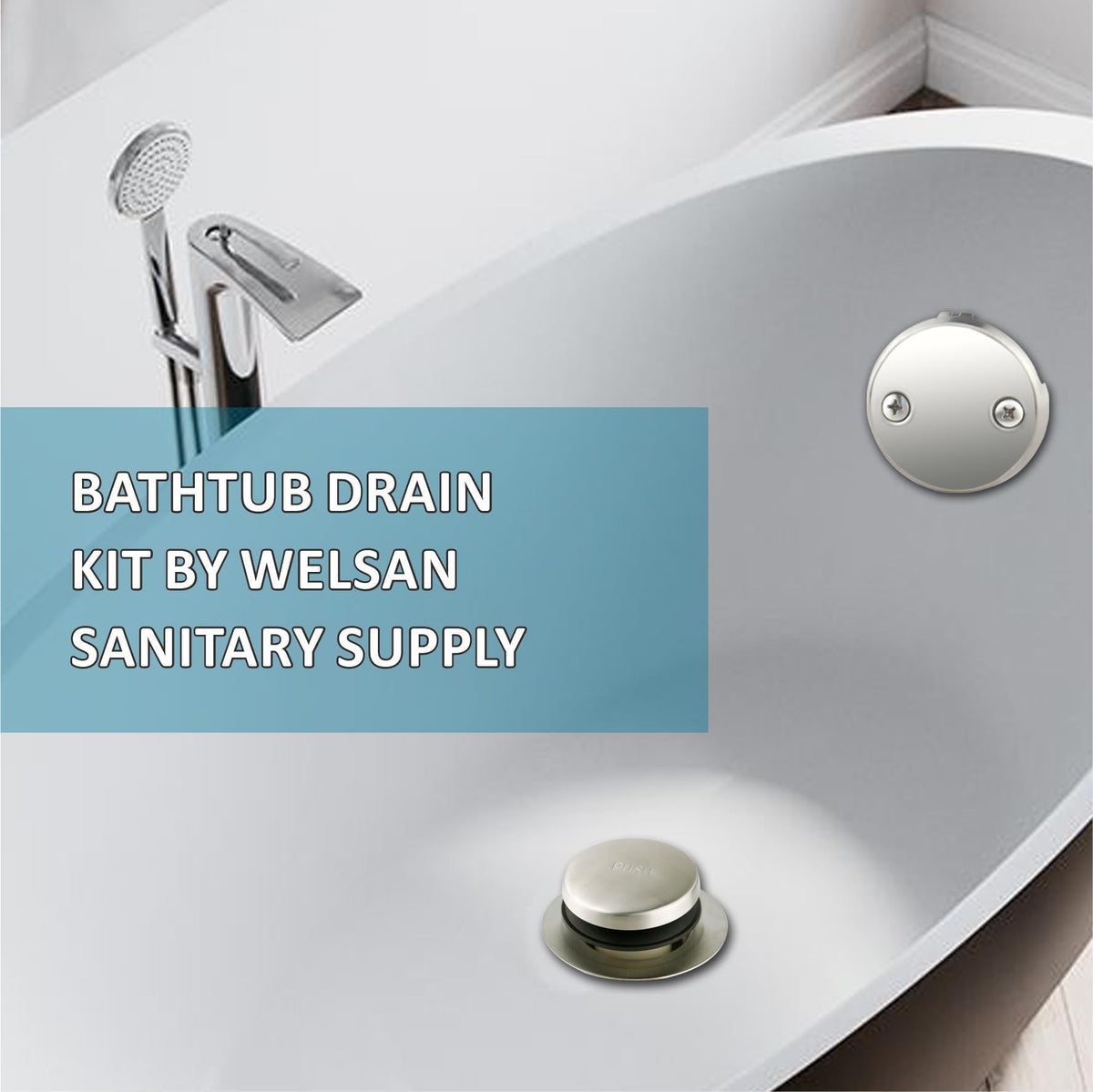 WELSAN brushed nickel tubular drain kit, side view.