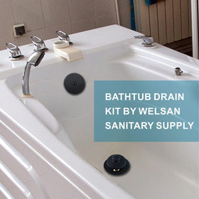Welsan universal-fit tub drain demonstrating compatibility with multiple sizes