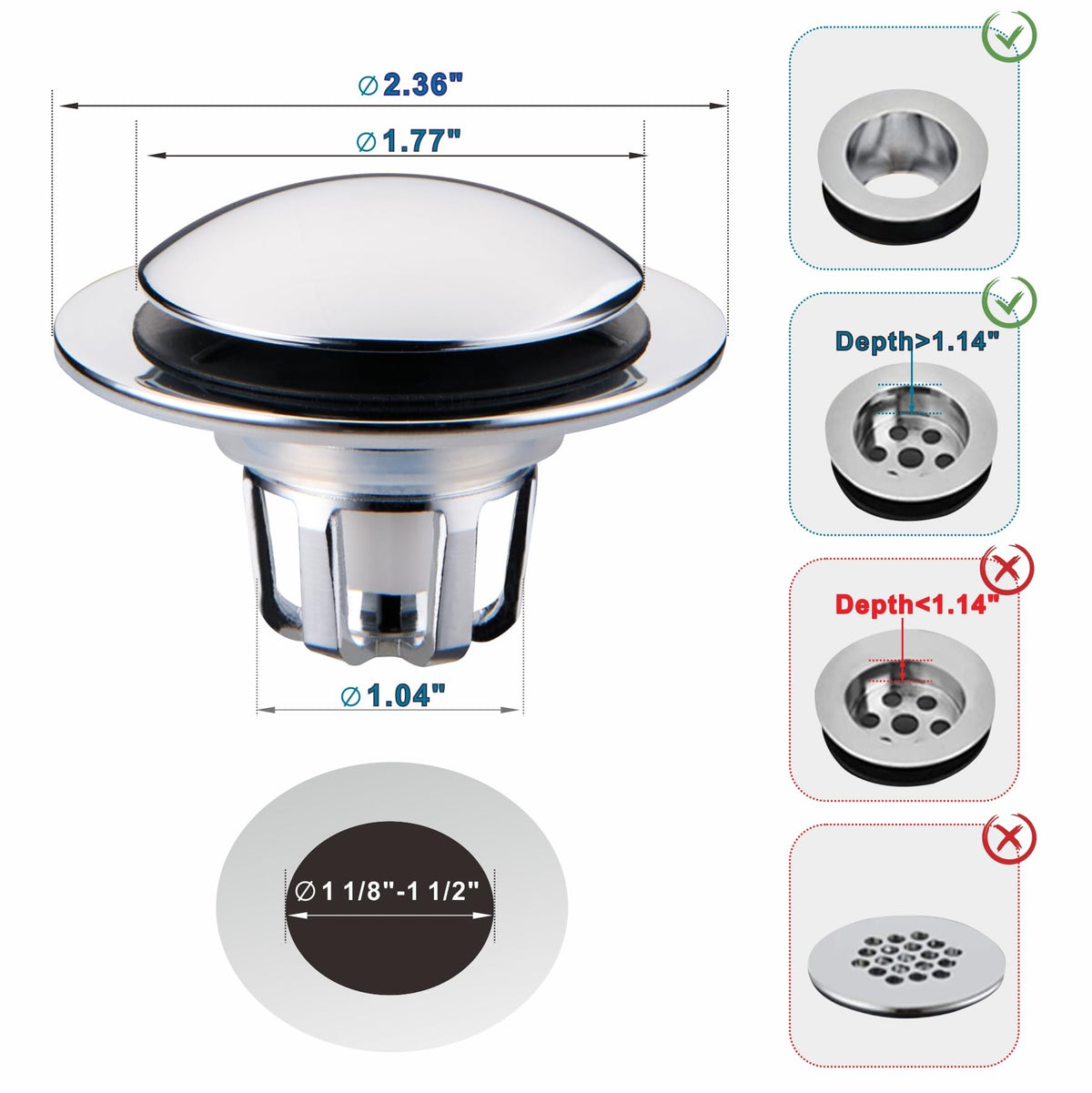 WELSAN universal pop-up stopper shown with adjustable rings for a secure fit.