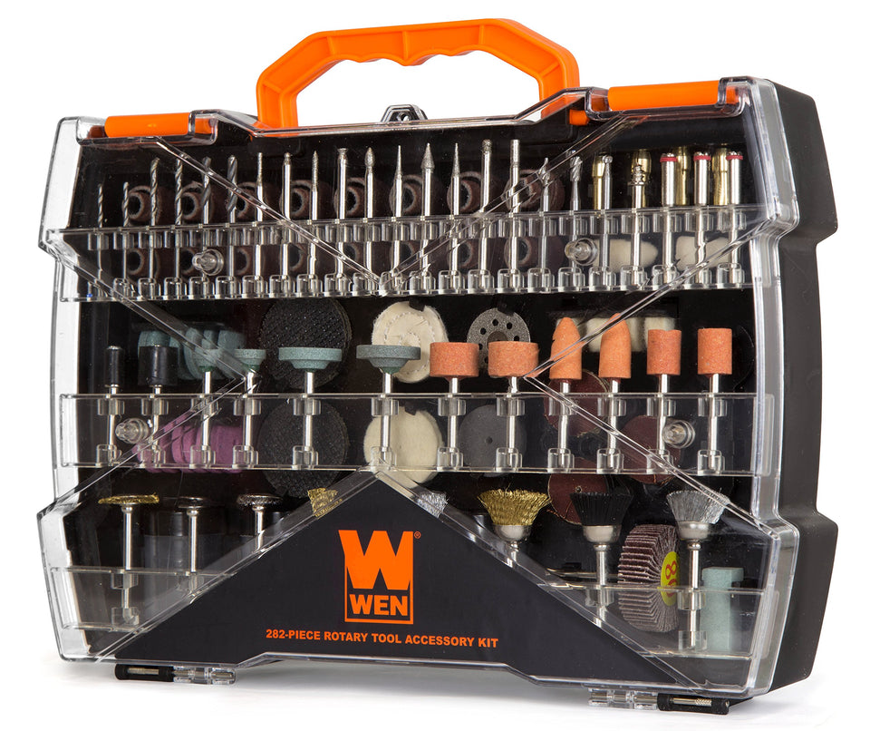 WEN 282-piece rotary tool accessory kit case organized for easy storage and transport