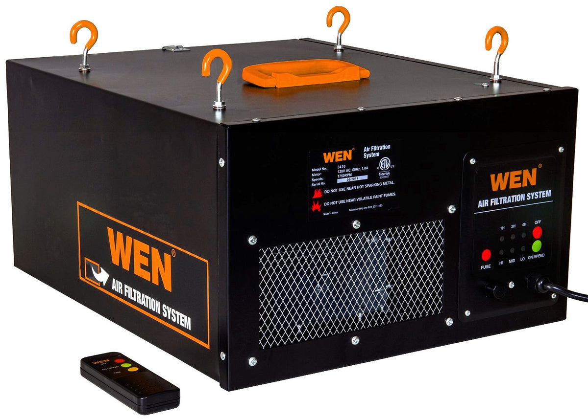 WEN 3410 air-filtration-system front view shows a compact, dust-reducing setup for workshops.