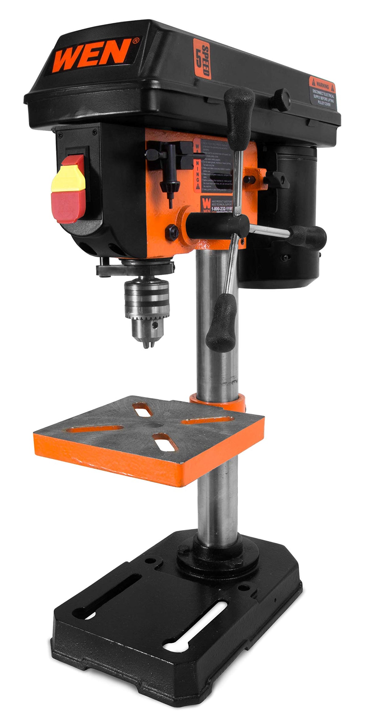 WEN 4208T drill press front view demonstrating sturdy cast-iron body for precise mounting