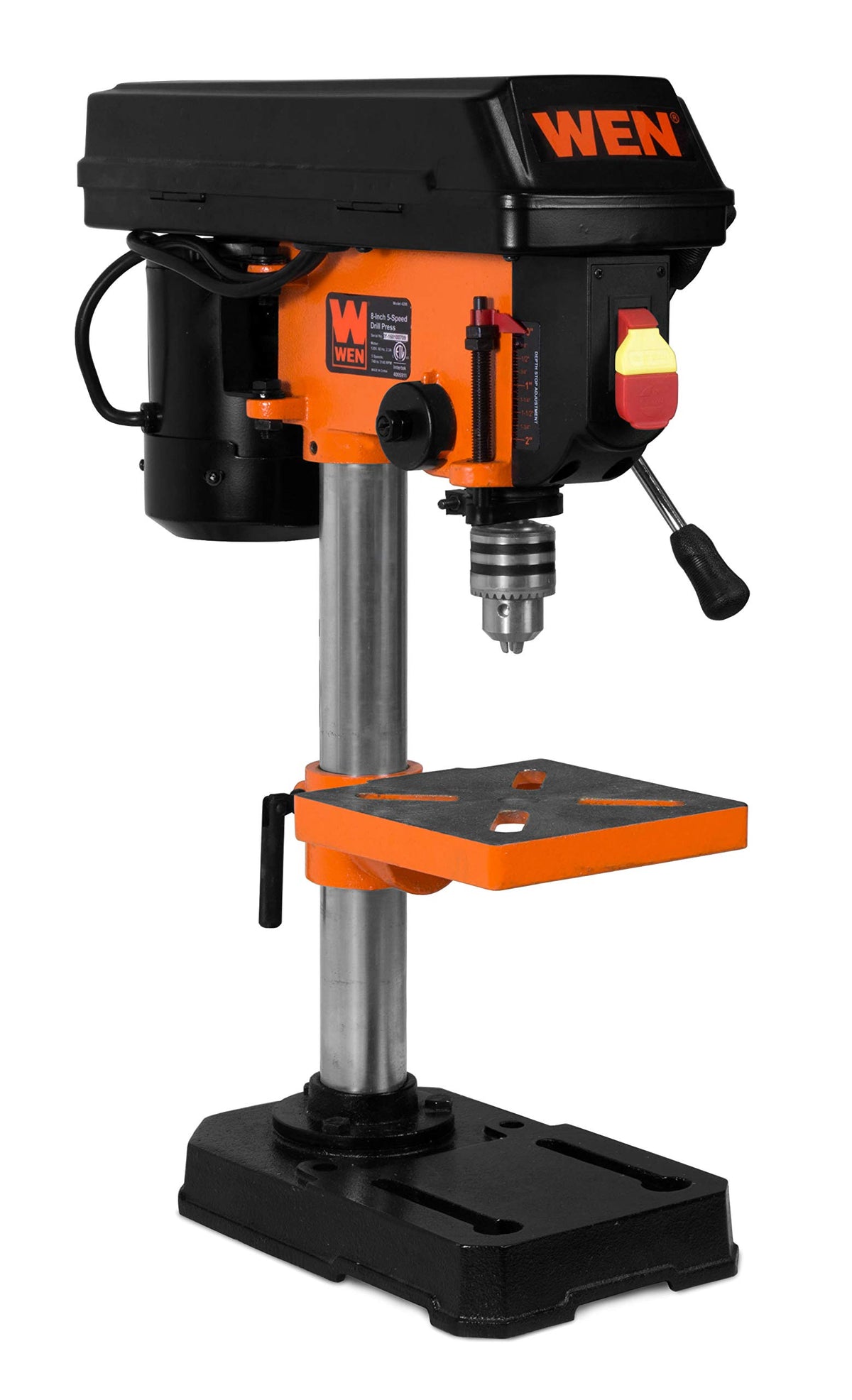 WEN 4208T drill press side view showing compact benchtop profile
