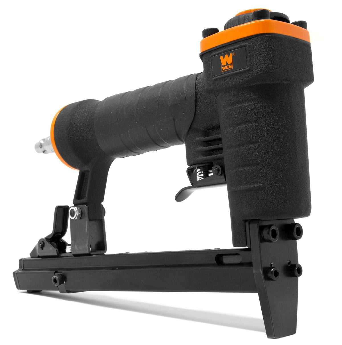 WEN 61706 pneumatic stapler front view showing compact profile for tight spaces and upholstery tasks.
