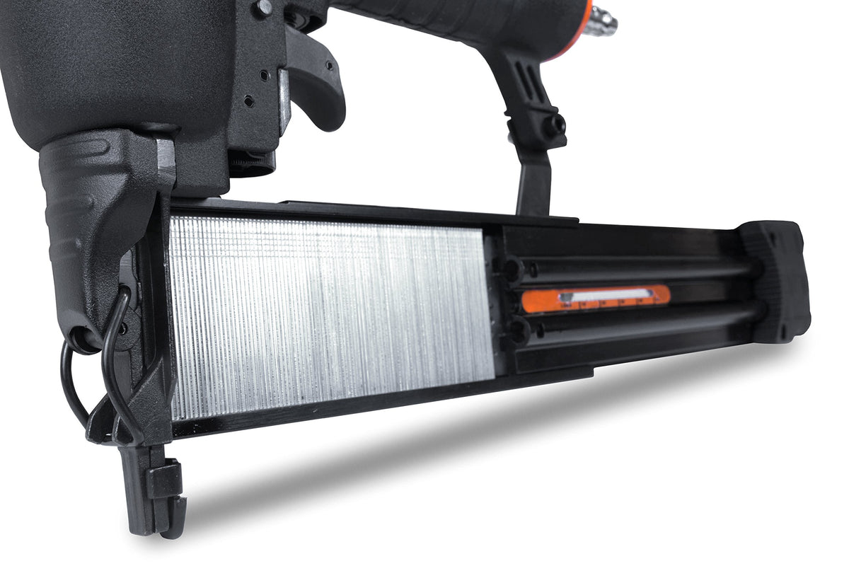 Quick-release magazine holds up to 100 fasteners for fewer reloads on the job.