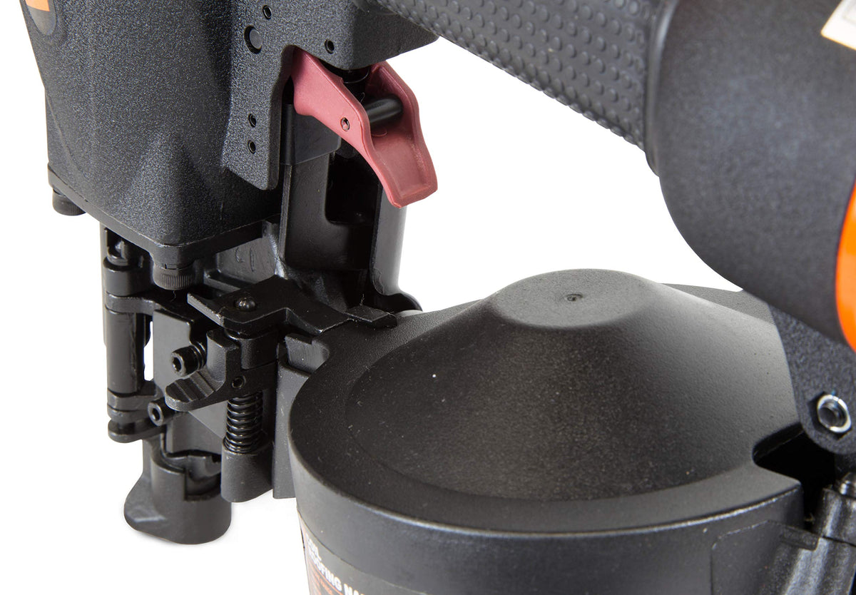 Depth adjustment wheel detail enabling precise nail depth control on shingles