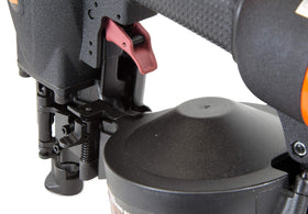 Depth adjustment wheel detail enabling precise nail depth control on shingles