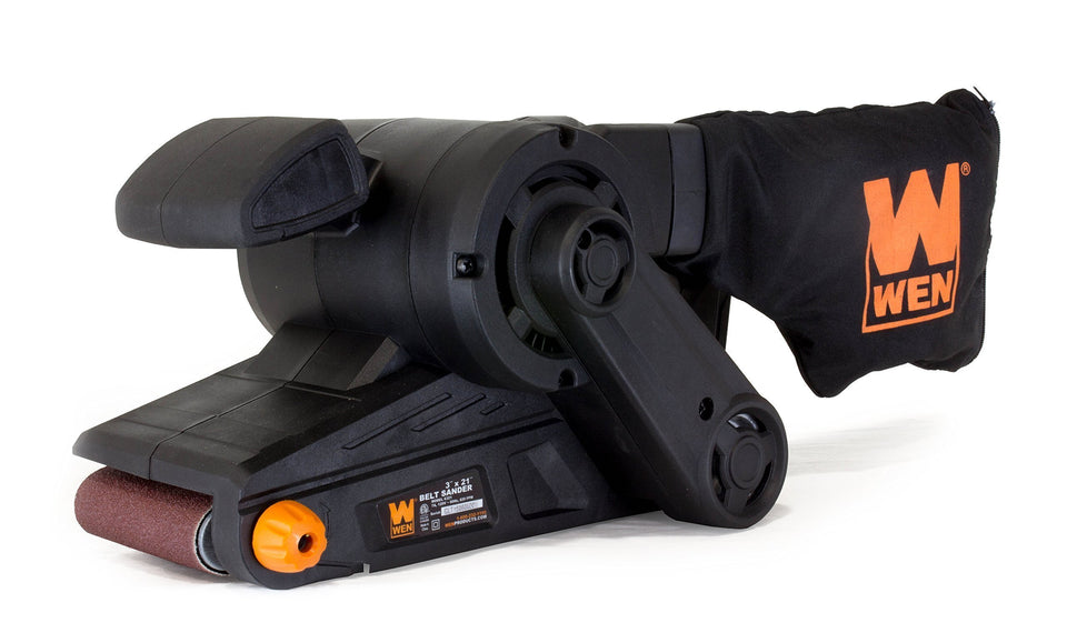 WEN 6321 belt sander front view highlights compact power for fast material removal.