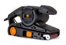 WEN 6321 belt sander side view shows lightweight design reduces user fatigue.