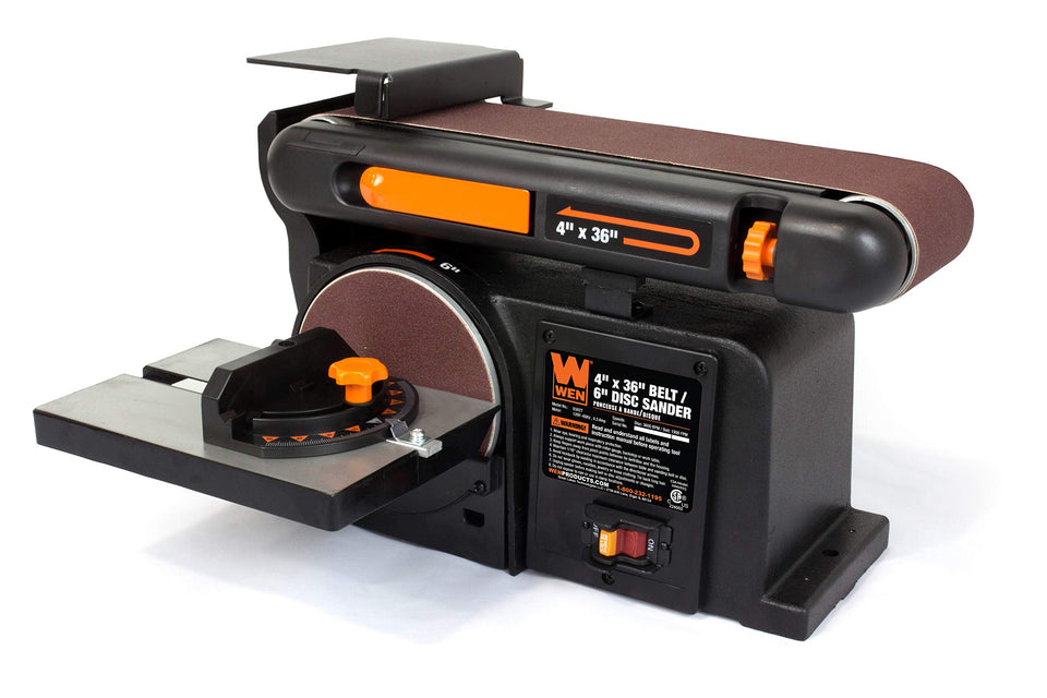 WEN 6502T belt sander front view highlights the powerful belt and robust construction for efficient material removal