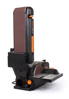 WEN 6502T cast-iron base close-up emphasizes vibration reduction and stability