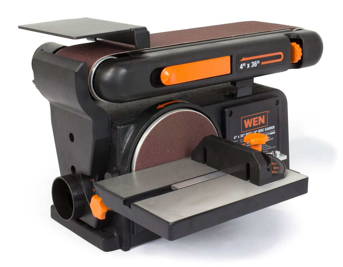 WEN 6502T disc sander side view shows the 6-inch disc for finishing and contour work