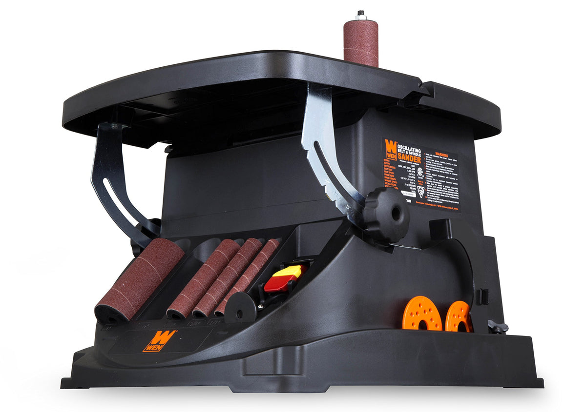 WEN 6524 4x24 belt sander in use for large area smoothing tasks.