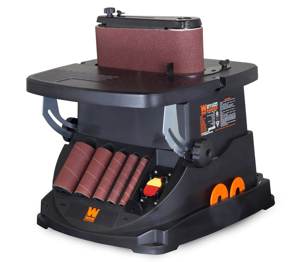 WEN 6524 oscillating belt sander handling curved edges with adjustable table for precise finishing.