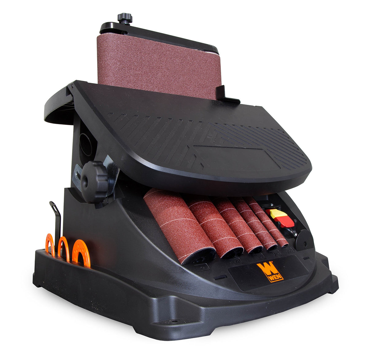 WEN 6524 spindle sander with attachments shown for versatile curves and radii.