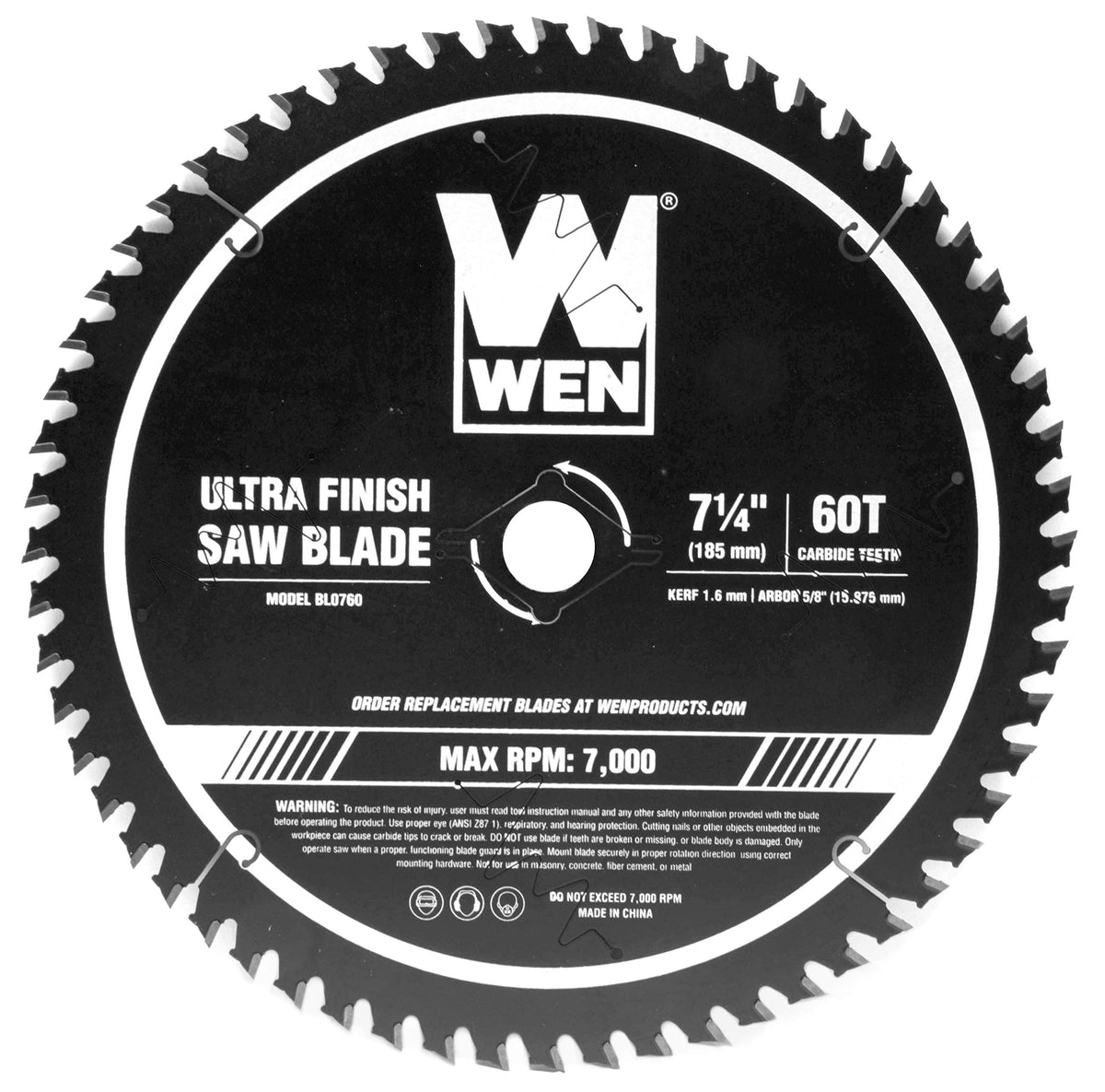WEN 7-1/4-inch 60-tooth carbide-tipped blade poised for precision cuts on wood.