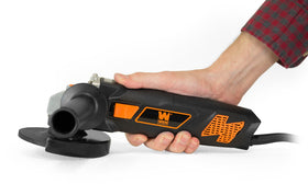 WEN angle grinder showing reversible handle for left and right-hand operation.