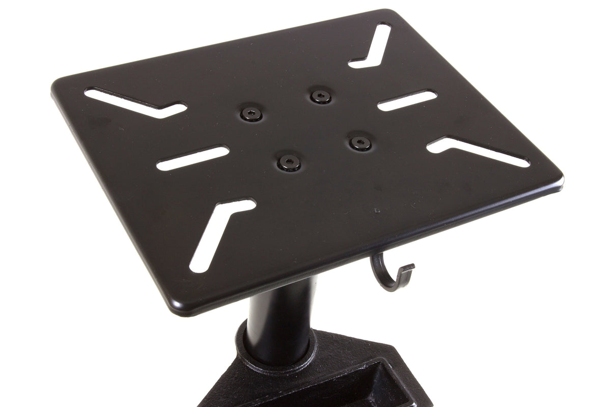WEN 31.5-inch pedestal top shows cast-iron mounting plate for secure grinder attachment.