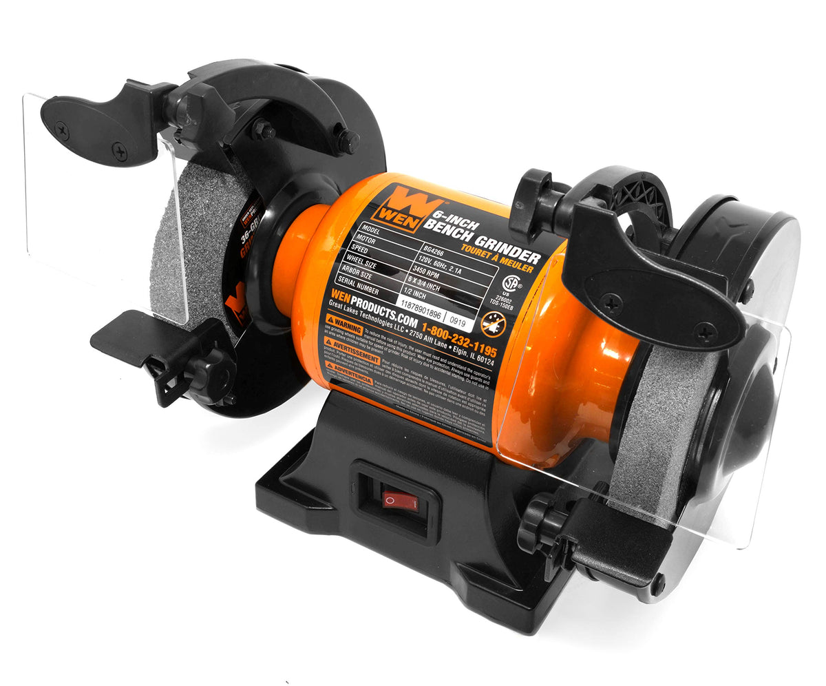 WEN BG4260 6-inch bench grinder front view with adjustable guards.