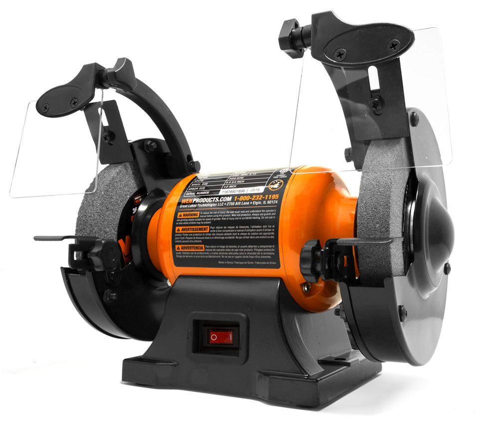 WEN BG4260 6-inch bench grinder side view, compact guard for safer sharpening.