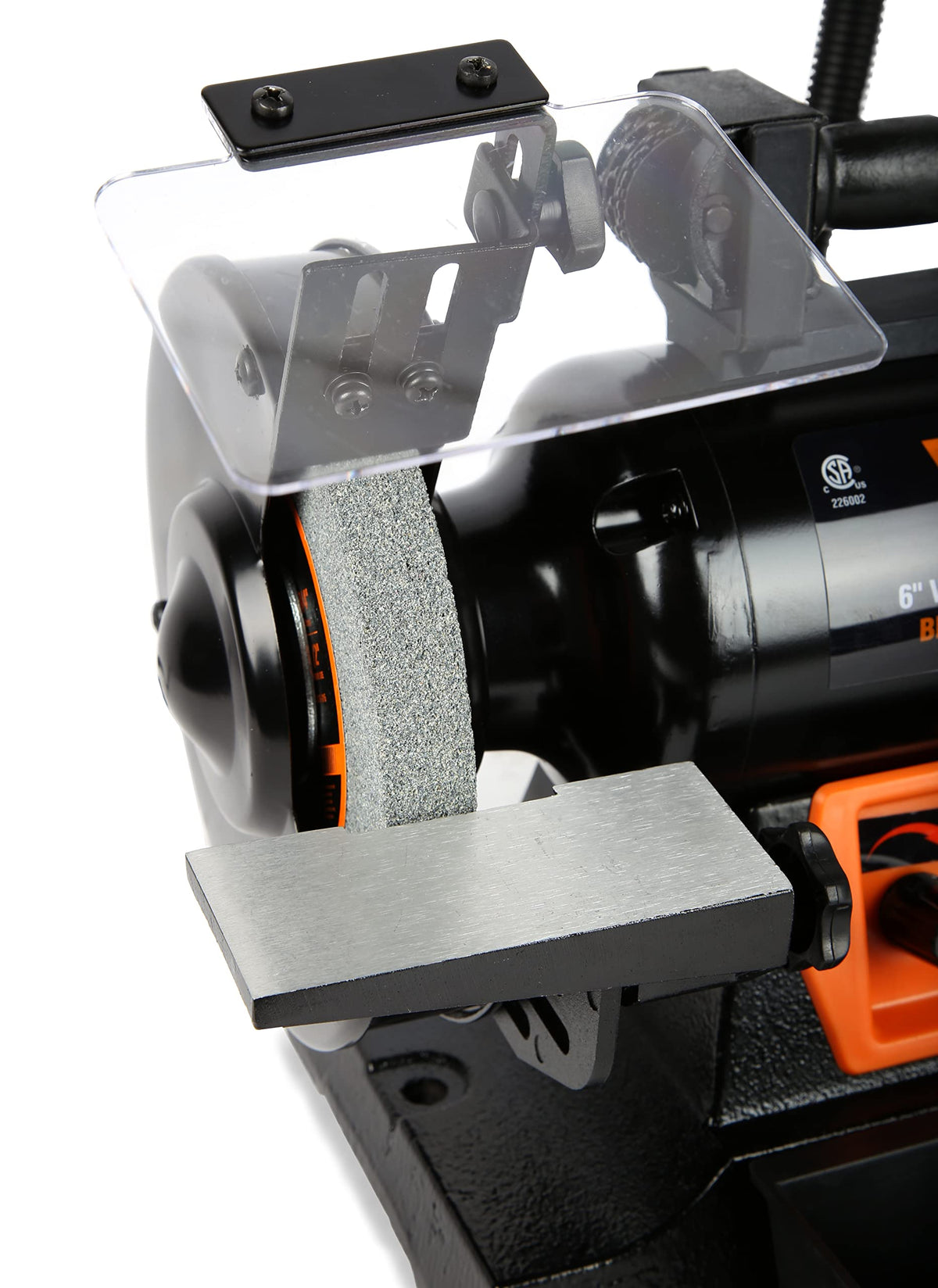 WEN BG625V adjustable rests and eye guards for angled grinding