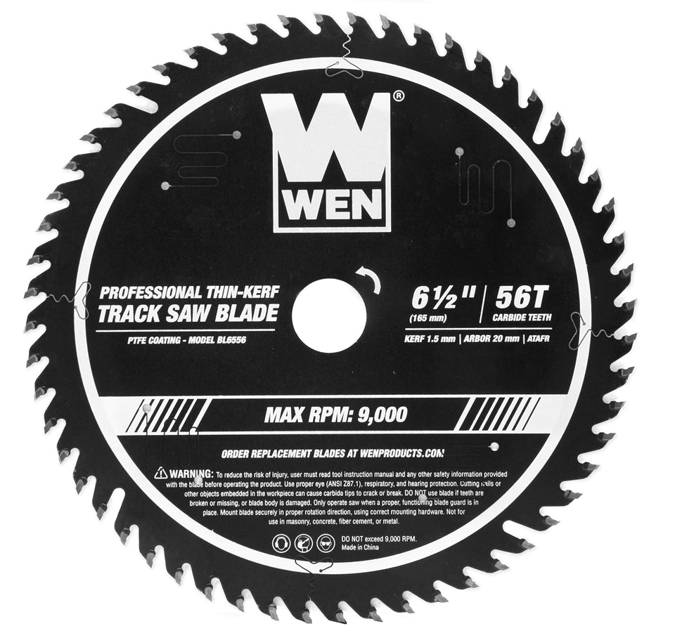 WEN BL6556 blade close-up with carbide-tipped teeth for smooth cuts.