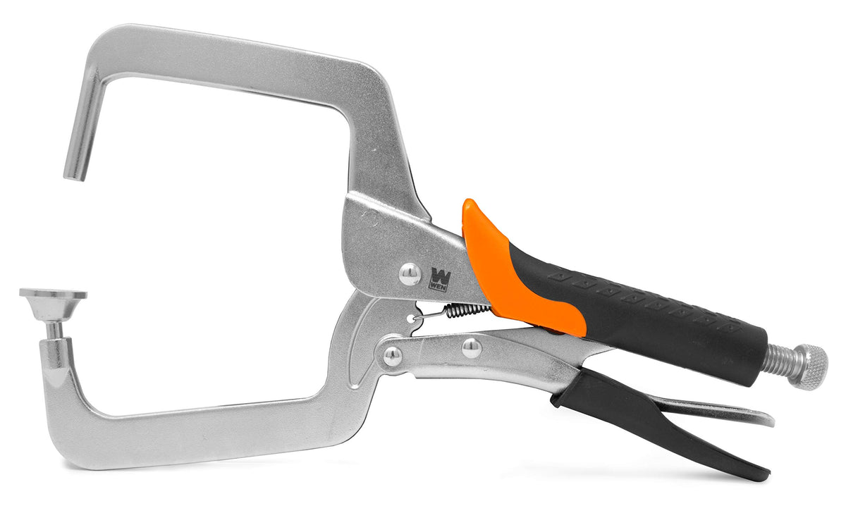 WEN CL436R pocket-hole clamp in use, ensuring square joints during pocket-hole assembly.