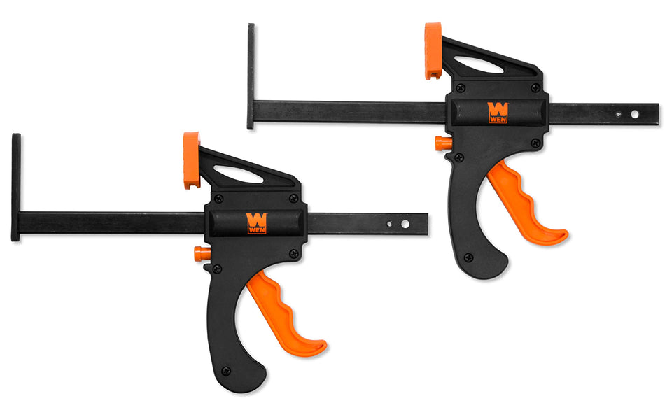 WEN CT992F quick-release track saw clamps securing a guide rail for precise cuts