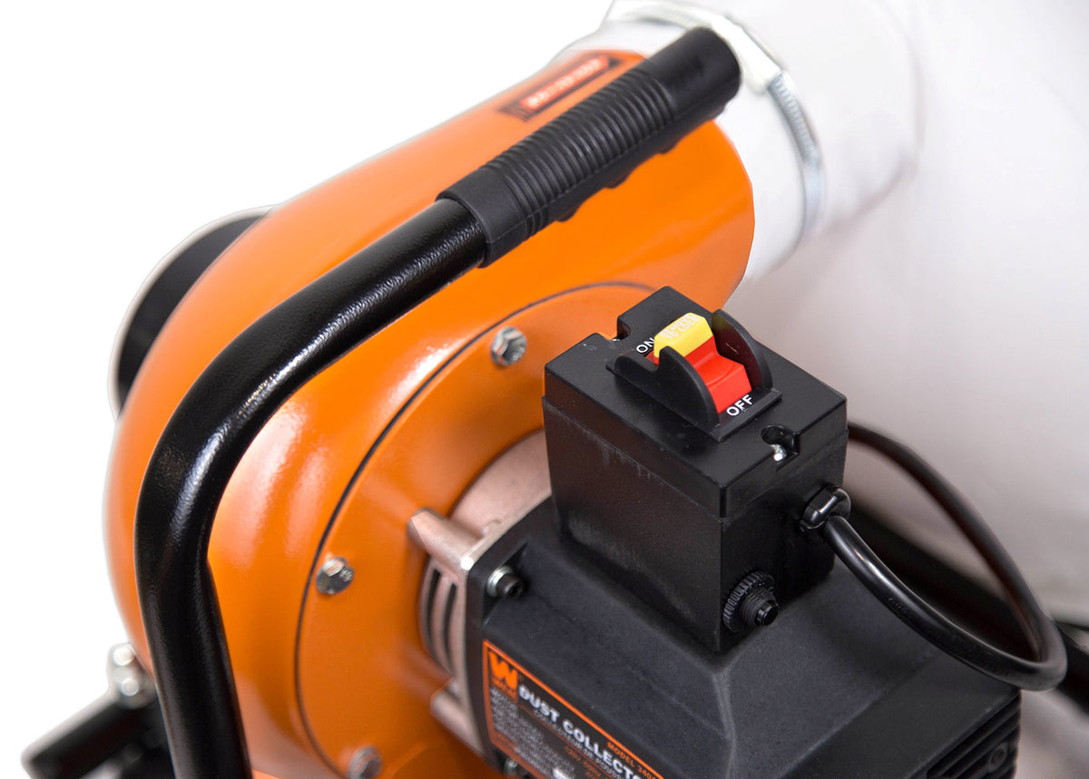WEN DC3401 collection bag close-up emphasizes 5-micron filtration for dust control.
