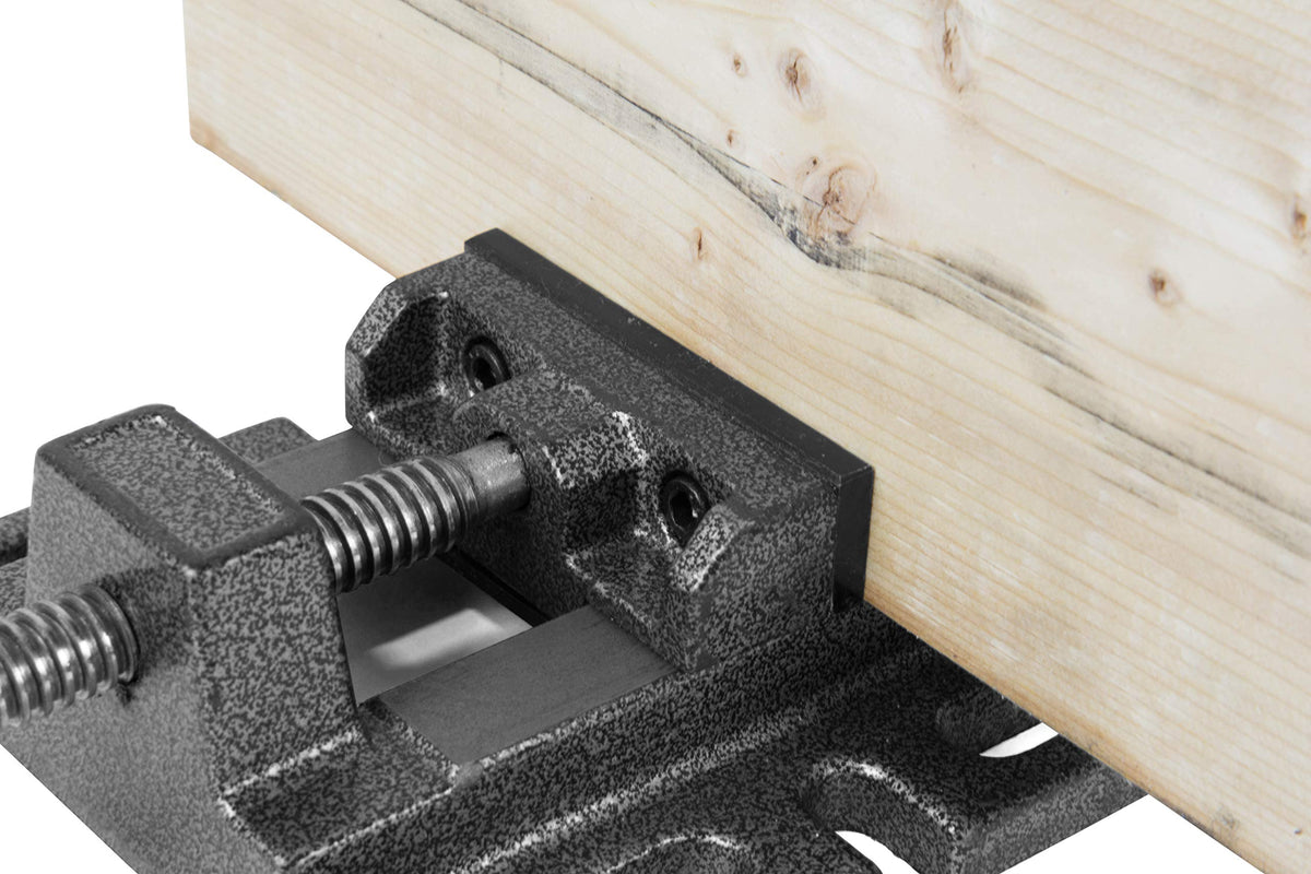 WEN drill press vise mounted on table ensures safe, steady operation.