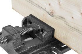WEN drill press vise mounted on table ensures safe, steady operation.