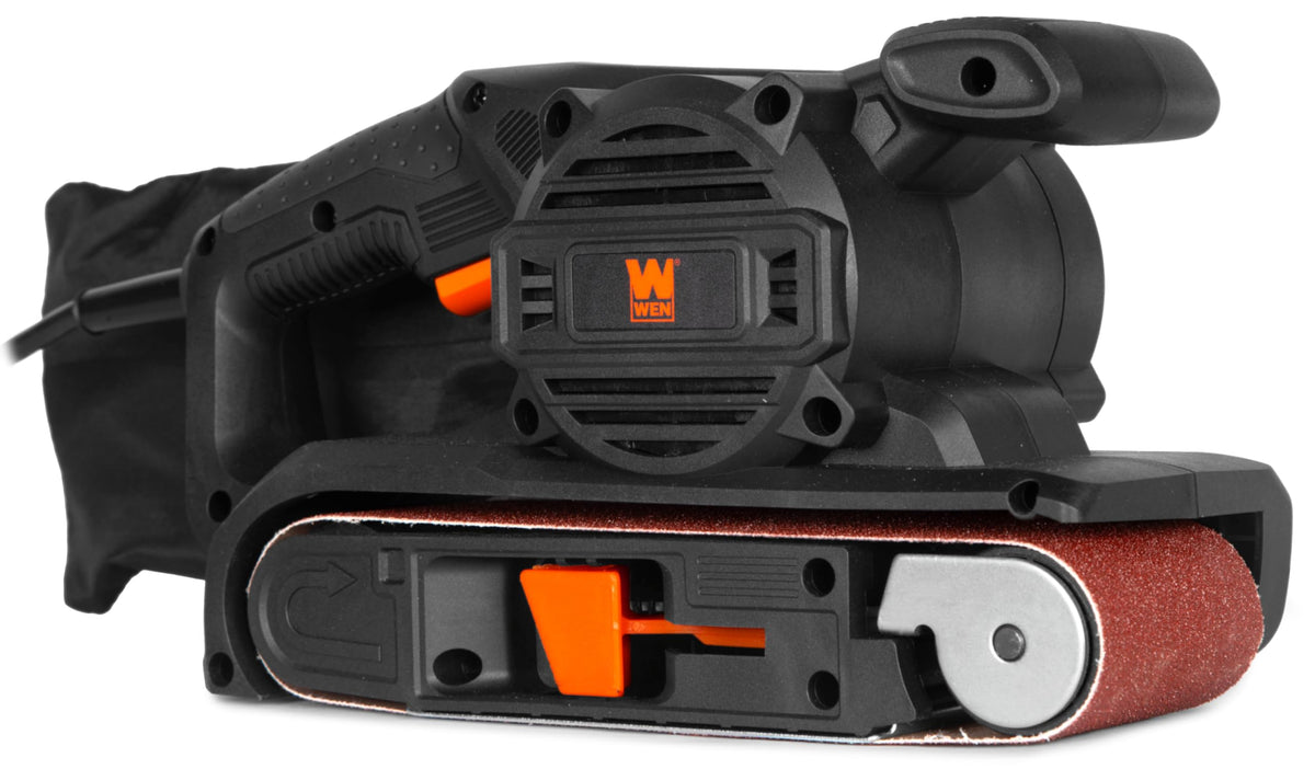 WEN HB321V belt sander front view showing ergonomic grip for extended use.