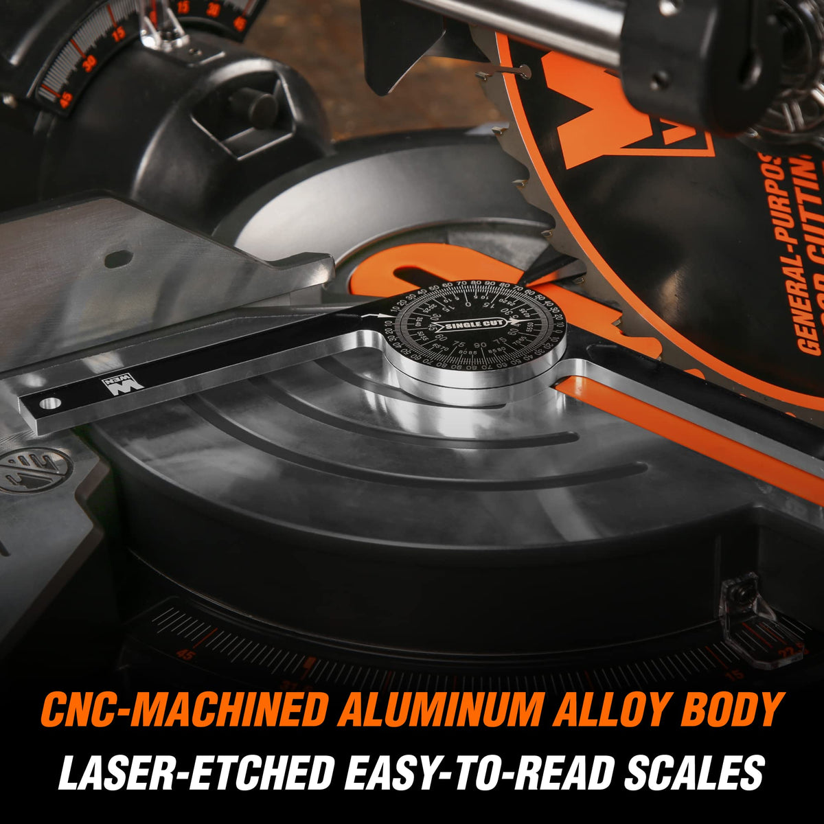 WEN Miter Saw Protractor's internal O-ring swivels smoothly for easy positioning.