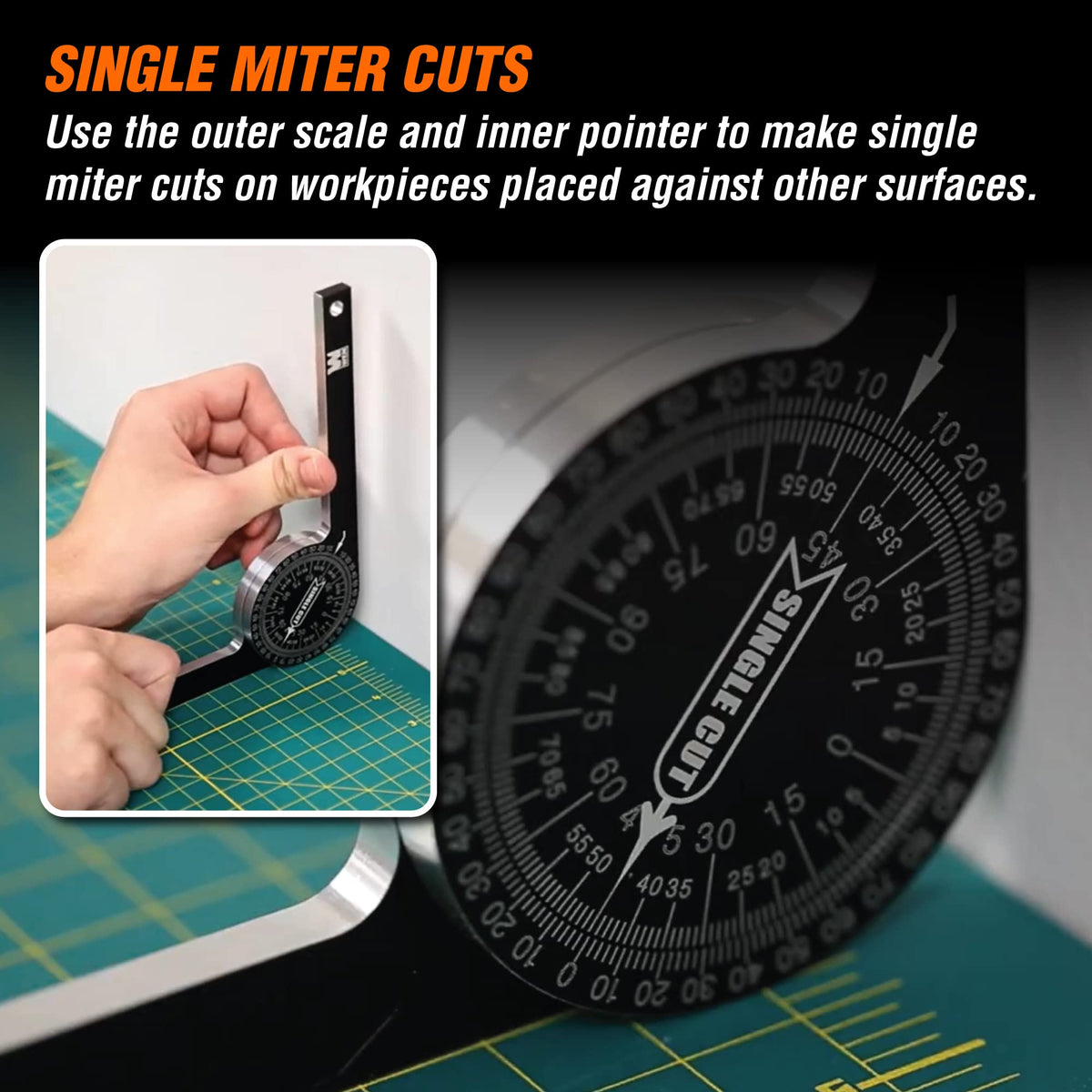WEN Miter Saw Protractor shows outer and inner scales for single and miter cuts.