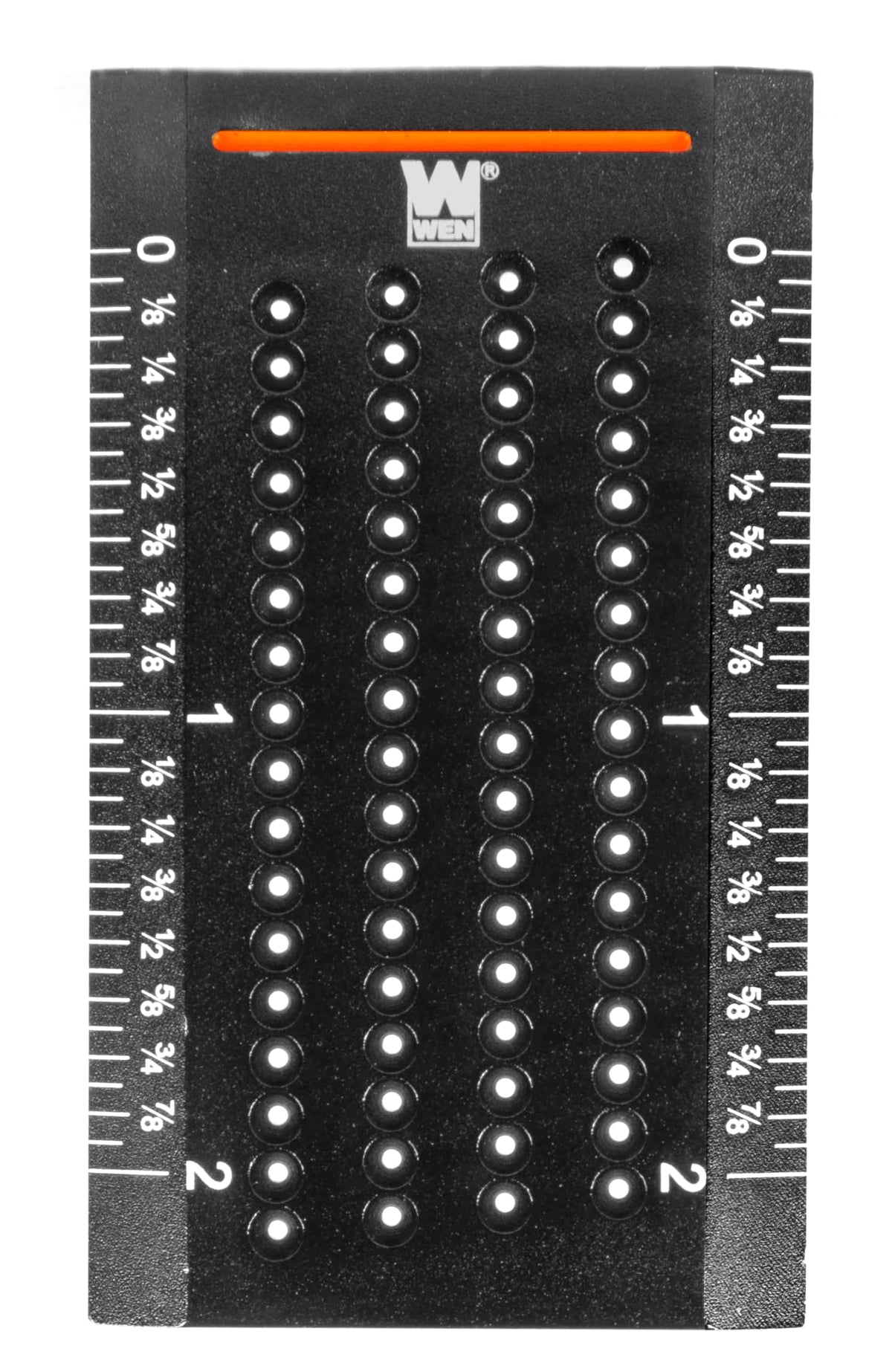 Close up of the 1 mm holes on the WEN ME899R for accurate line spacing.