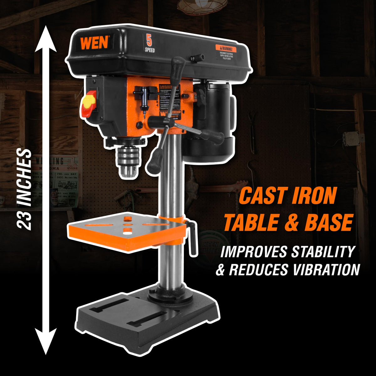 WEN drill press base mounts securely on a bench