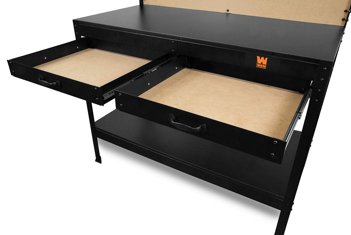 Heavy-duty bottom shelf adds extra storage below the work area.
