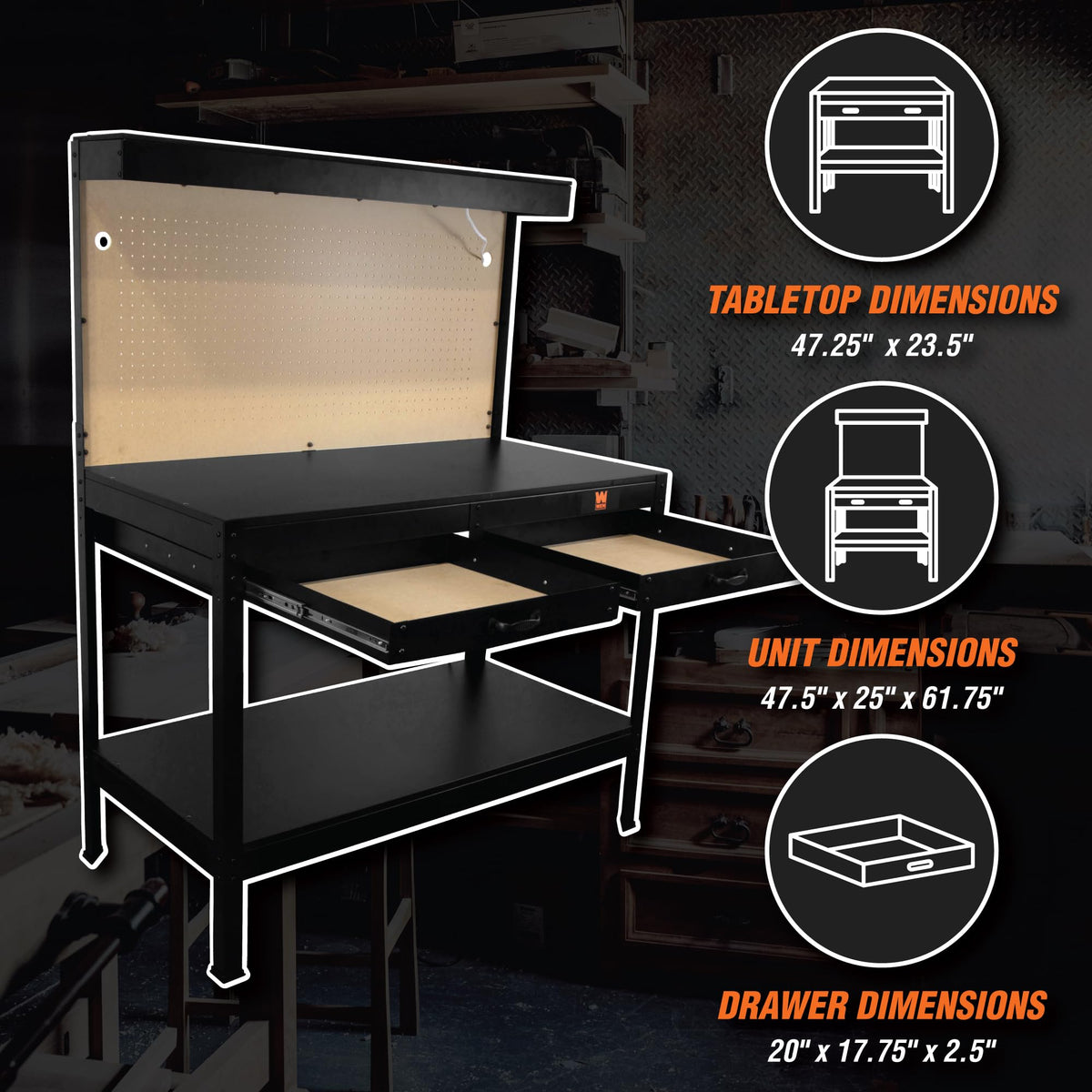 WB4723T pegboard and drawers organize tools within reach.