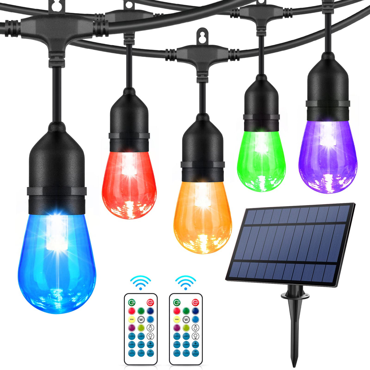 WENFENG 48ft solar RGB string light panel powering outdoor ambiance