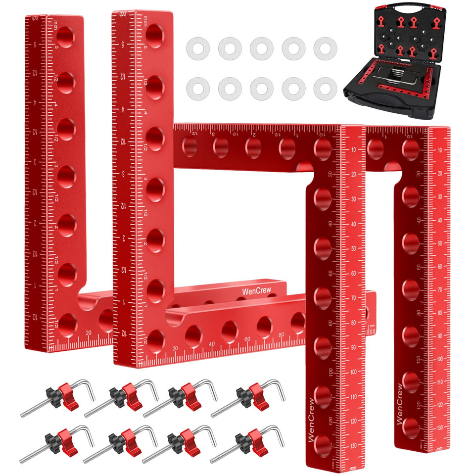 WenCrew 4pc 90-degree clamps secure precise right-angle joints in woodworking.