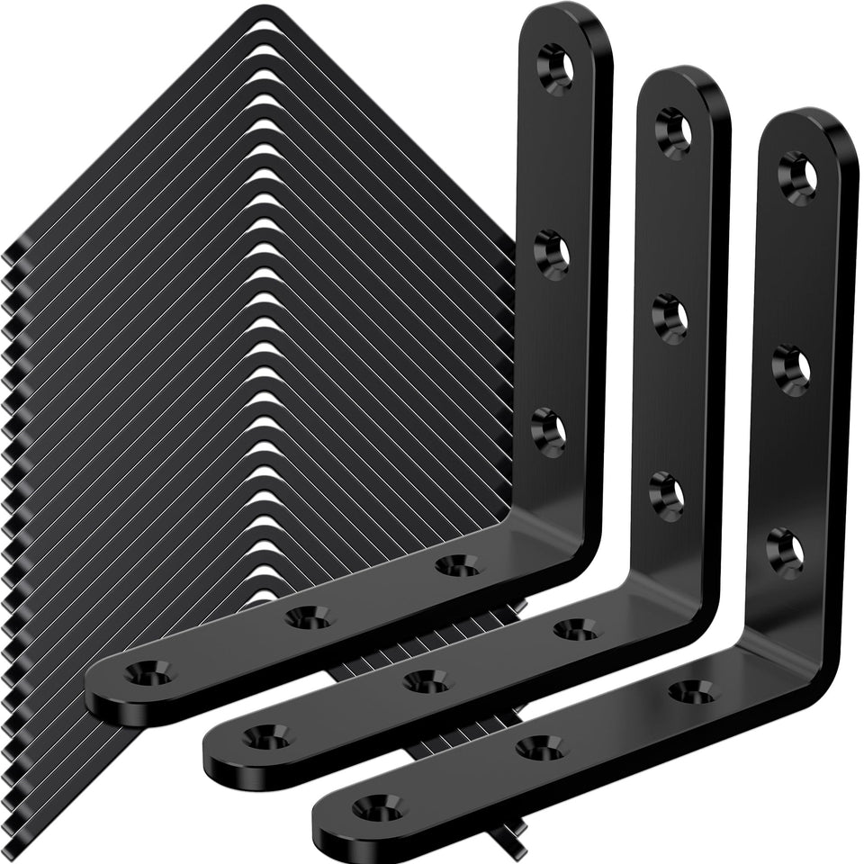 WENQUIT 25Pcs black angle brackets reinforce wooden shelves and furniture.
