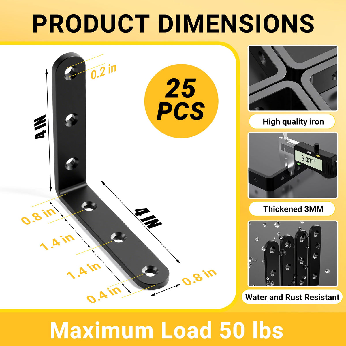 Heavy-duty corner brackets in black finish for reliable wood assembly.