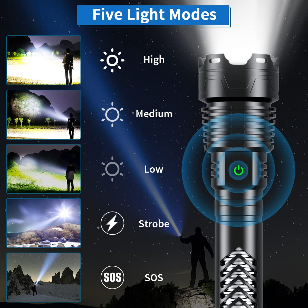 Weoxi flashlight offers five modes for versatile lighting options.