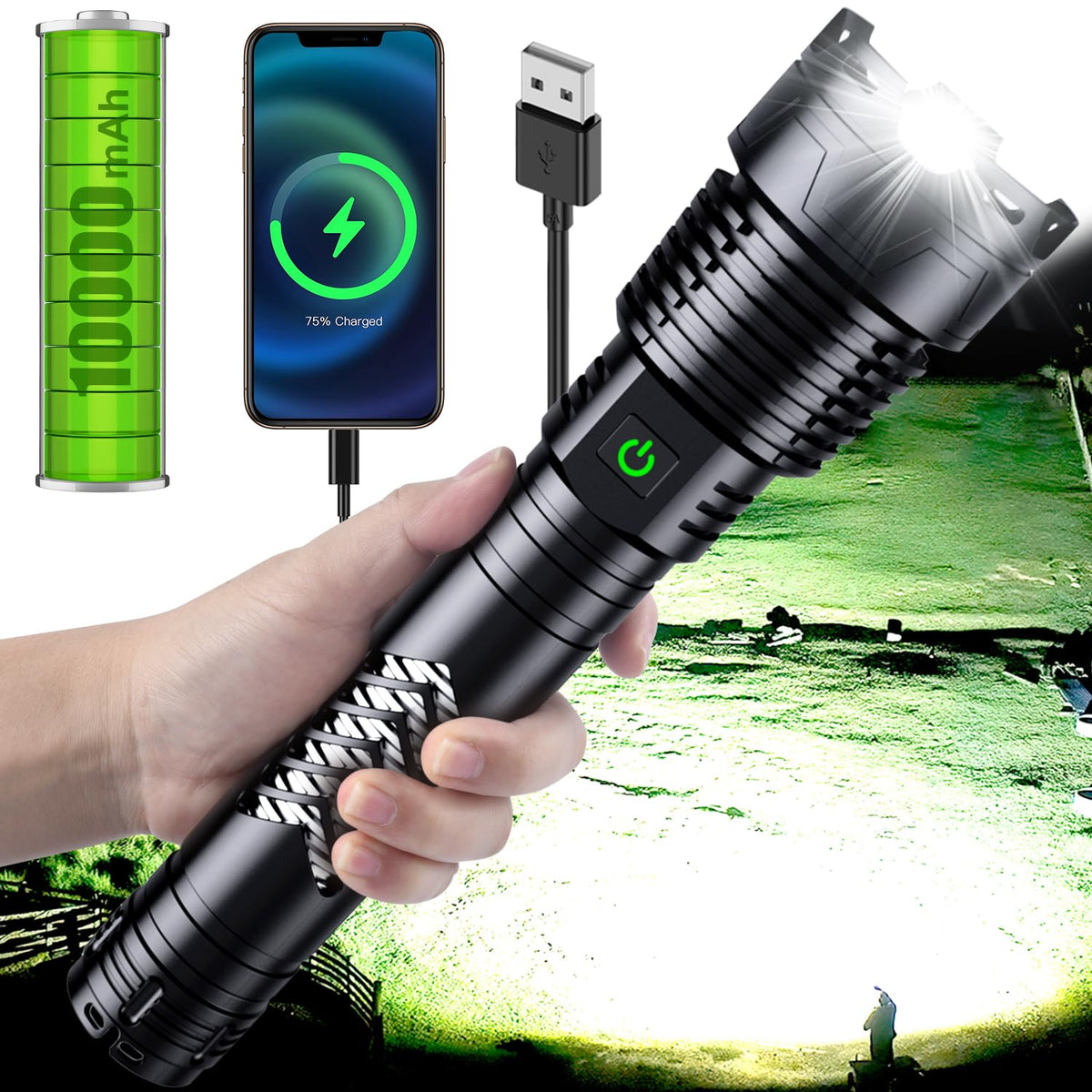 Weoxi rechargeable flashlight with 6000-lumen beam for night navigation.