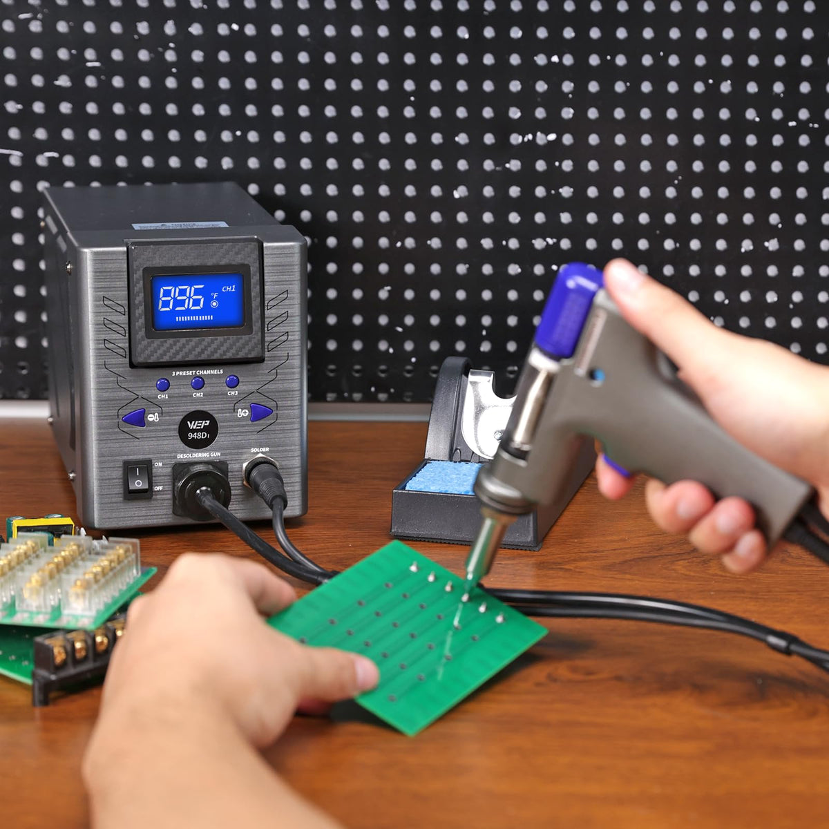 WEP 948D-I desoldering station top view highlights tiltable display and easy controls