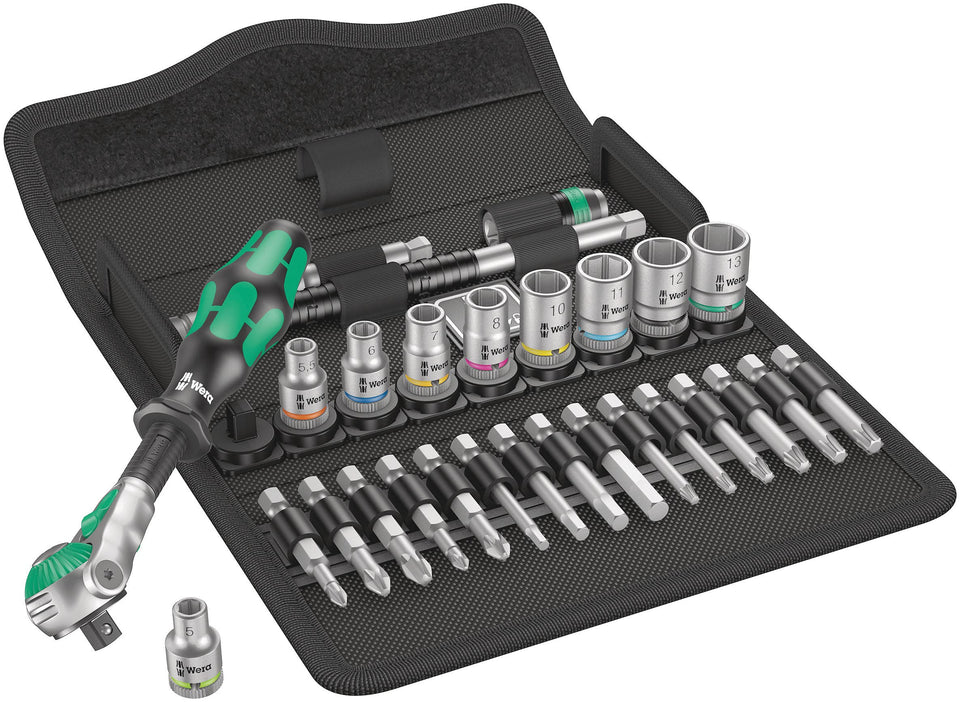 Wera 8100 Zyklop 28-piece set with 1/4-inch drive for versatile metric tasks.