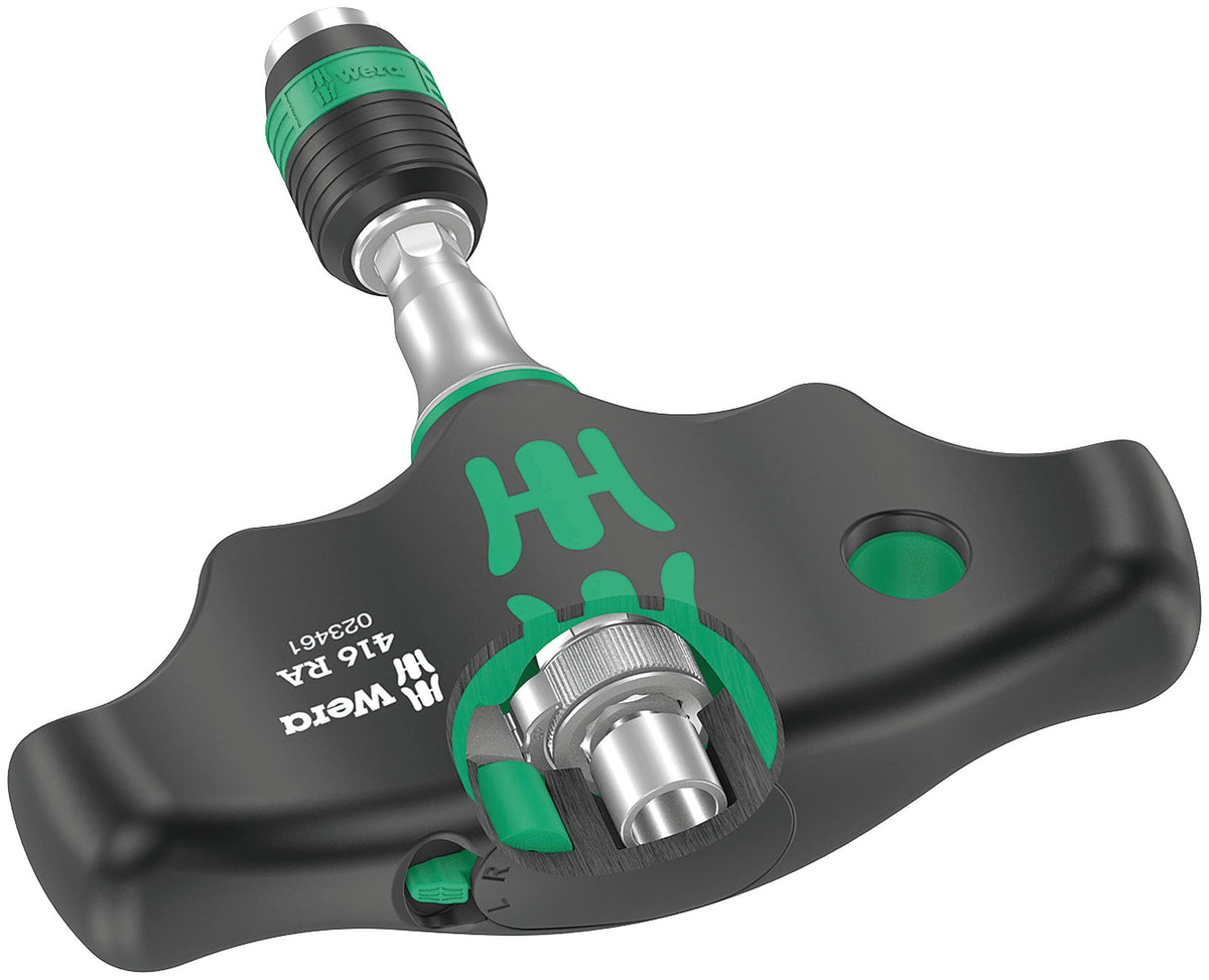 Wera 05023461001 ratchet-handle screwdriver with integrated mechanism for easier turning.